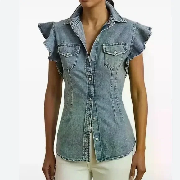 Ralph Lauren Blue Denim Ruffle Blouse - Picture 1 of 9